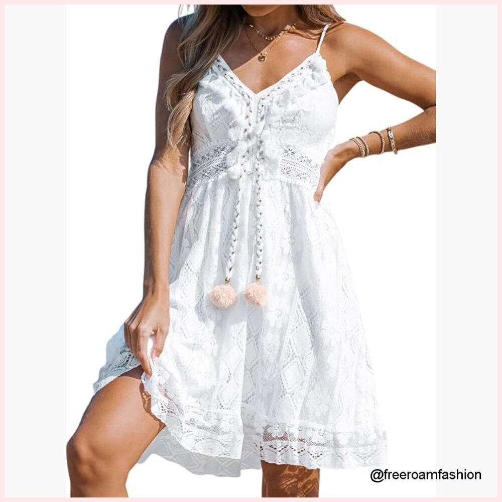 Lace Mini Dress V-Neck Flare Ruffle Adjustable Straps Summer Casual